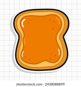 Lindo trozo de pan tostado divertido con la etiqueta engomada de la mantequilla de maní. Icono de ilustración de personaje kawaii dibujado a mano vectorial. Fondo aislado Pan tostado con el concepto de la mantequilla de maní