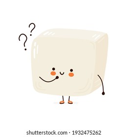 Cute funny Tofu with question marks. Vector hand drawn cartoon kawaii character illustration icon. Isolated on white background. Tofu think concept