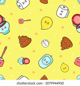 Cute funny toilet concept seamless pattern. Vector hand drawn cartoon kawaii character illustration icon. Cute, funny happy toilet paper, toilet, turd, urinal, drop of urine, and toilet brush pattern