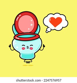 Cute funny toilet doing yoga with speech bubble. Vector hand drawn cartoon kawaii character illustration icon. Isolated on yellow background. Toilet in love character concept