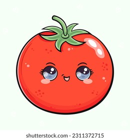Carácter gracioso de tomate. Caricatura dibujada a mano del vector icono de ilustración del personaje kawaii. Aislado en un fondo verde claro. Concepto de personaje de tomate feliz