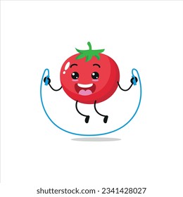 Cute and funny tomato doing jumping rope. Vegetable doing fitness or sports exercises. Happy character working out vector illustration.