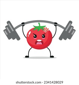 Cute and funny tomato doing weightlifting. Vegetable doing fitness or sports exercises. Happy character working out vector illustration.