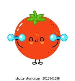 Lustige lustige Tomate mit Hanteln. Vektorhandgezeichnete Cartoons kawaii Zeichentricksymbol. Einzeln auf weißem Hintergrund. Tomato-Fitnesskonzept