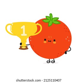 Cute funny tomato hold gold trophy cup character. Vector hand drawn cartoon kawaii character illustration icon. Isolated white background. Tomato with winner trophy cup,emoji,child, face,adorable,kids