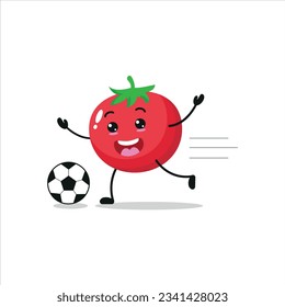 El fútbol es muy divertido y el tomate es divertido. Verduras haciendo ejercicio físico o deportivo. Fútbol de carácter feliz trabajando en la ilustración vectorial.