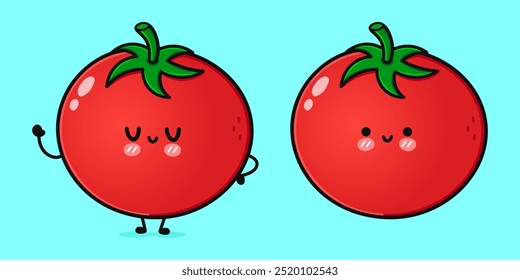 Cute funny Tomato. Vector hand drawn cartoon kawaii character illustration icon. Isolated on blue background. Tomato character concept