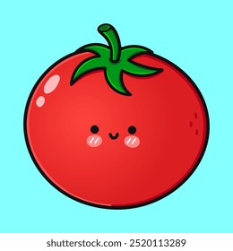 Cute funny Tomato. Vector hand drawn cartoon kawaii character illustration icon. Isolated on blue background. Tomato character concept