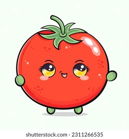 Un buen tomate con la mano. Caricatura dibujada a mano del vector icono de ilustración del personaje kawaii. Aislado en un fondo verde claro. Concepto de personaje de tomate feliz
