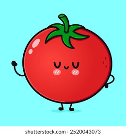 Cute funny Tomato waving hand. Vector hand drawn cartoon kawaii character illustration icon. Isolated on blue background. Tomato character concept