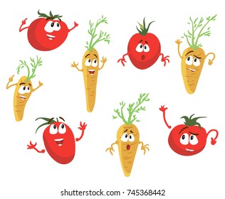Cute and funny tomatoes and carrots characters with human face showing different emotions, cartoon vector illustration isolated on white background.