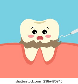 Cute funny tooth cartoon character with dentist tool removing calculus in flat design.