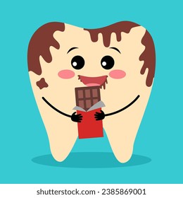 Cute funny tooth eating chocolate cartoon character in flat design.