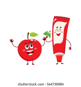 Cute and funny toothpaste and red apple character, dental care concept, cartoon vector illustration isolated on white background. Toothpaste, apple characters, teeth health, dental care, good habits