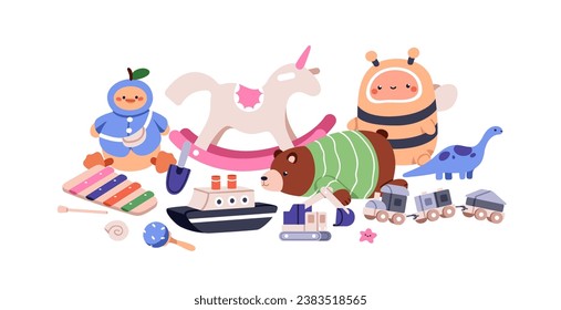 Cute funny toys for kids, babies. Nursery and kindergarten train, horse, teddy bear composition. Preschool stuff, xylophone, rattle and dinosaur. flat vector illustration isolated on white background