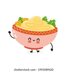 Cute funny traditional hummus bowl character. Vector flat cartoon kawaii character illustration logo icon. Isolated on white background. Hummus bowl, traditional arabic food cartoon character concept