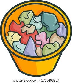 Cute and funny trash can filled with garbage