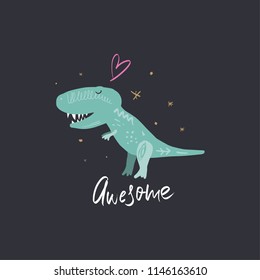 Cute funny t-rex dinosaur art. Cartoon style, unique stylish print for nursery posters, cards, mugs, clothes and other. Vector Illustration, clipart.