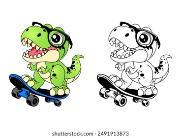 A cute and funny T-rex dinosaur character is skateboarding and wearing sunglasses