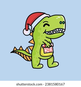 Cute and Funny T-rex Wearing a Santa hat for Christmas and bringing gifts for you
