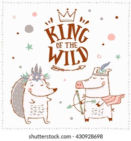 Cute and funny tribal characters. Hedgehog, pig and hand lettering