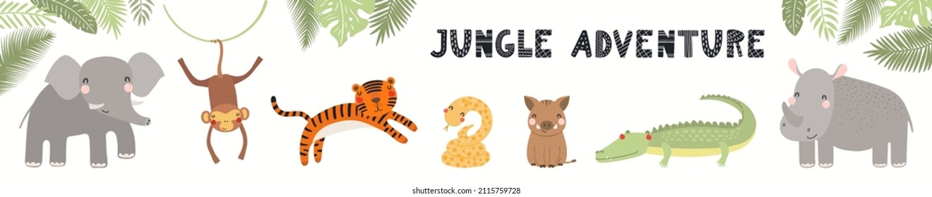 Cute funny tropical animals banner, card, quote Jungle adventure, isolated on white. Hand drawn vector illustration. Scandinavian style flat design. Concept for kids fashion, textile print, poster