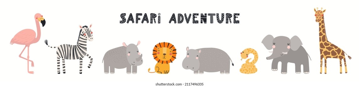 Cute funny tropical animals banner  card  quote Safari adventure  isolated white  Hand drawn vector illustration  Scandinavian style flat design  Concept for kids fashion  textile print  poster