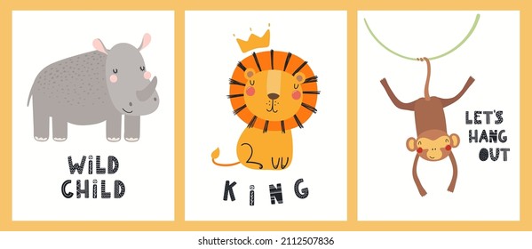 Cute funny tropical animals, rhino, lion, monkey, quotes. Posters, cards collection. Hand drawn wild animal vector illustration. Scandinavian style flat design. Concept for kids fashion, textile print