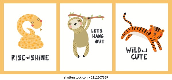 Cute funny tropical animals, snake, sloth, tiger, quotes. Posters, cards collection. Hand drawn wild animal vector illustration. Scandinavian style flat design. Concept for kids fashion, textile print