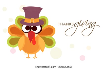 Cute And Funny Turkey Bird In Pilgrim Hat For Happy Thanksgiving Day Celebrations. 