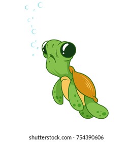 Cute funny turtle with bubbles. Cartoon vector illustration.