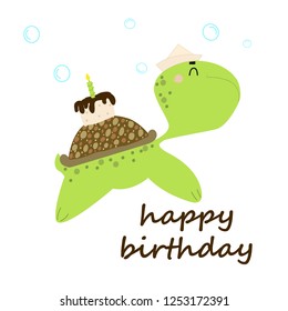 Cute funny turtle congratulates on his birthday. Postcard. Cartoon.
