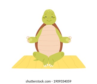 Una tortuga muy agradable haciendo ejercicio de yoga o meditando. Un personaje de tortuga verde tranquilo y feliz sentado sobre la alfombra. Mascota animal infantil. Ilustración vectorial plana coloreada aislada en fondo blanco