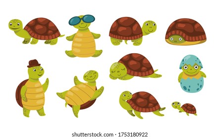 Cute funny turtle set. Adorable cartoon character walking, hatching, hiding, relaxing, sleeping. Flat vector illustration for animals or wildlife concept, books for children design