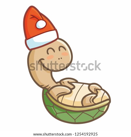 Cute and funny turtle smling and lie down wearing Santa's hat for christmas - vector