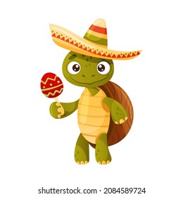 Una tortuga alegre con sombrero sombrero sombrero mexicano que toca maracas. Dibujo vectorial de símbolo de cultura mexicana