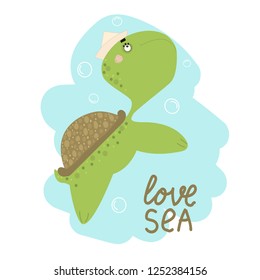 Cute funny turtle. Suitable for printing on clothing, fabric, paper. Hand-drawn.