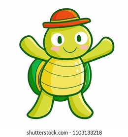 Cute and funny turtle wearing red hat - vector.