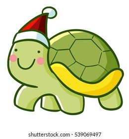 Cute and funny turtle wearing Santa's hat for christmas - vector.