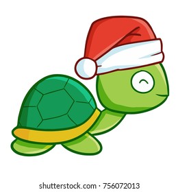 Cute and funny turtle wearing Santa's hat and smiling - vector
