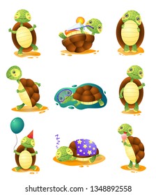 Cute funny turtles in different poses set isolated on white background