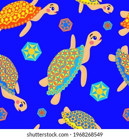 Cute funny turtles with multicolored geometric patterns. Seamless pattern in childish style, vector