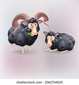Cute and Funny Two Black Sheep Characters. Cartoon Illustration of Pair Sheep. Perfect Template for Children Event Designs, Birthday Cards