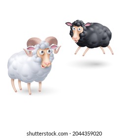 Cute and Funny Two Black and White Sheep Characters. Cartoon Illustration of Pair Sheep on White Backdrop. Perfect Template for Children Event Designs