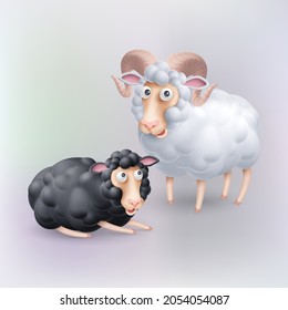 Cute and Funny Two Black and White Sheep Characters. Cartoon Illustration of Pair Sheep. Perfect Template for Children Event Designs, Birthday Cards