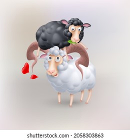 Cute and Funny Two Black and White Sheep Characters in Love. Cartoon Illustration of Pair Lovers Sheeps with Red Hearts. Perfect Template for Greeting Valentines Day Card