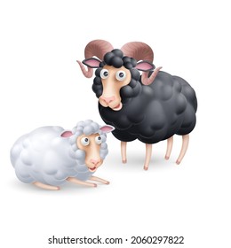 Cute and Funny Two Black and White Sheep Characters. Cartoon Illustration of Pair Sheep on White Backdrop. Perfect Template for Children Event Designs, Birthday Cards, or Book Covers