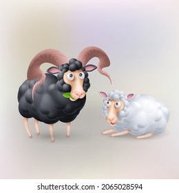 Cute and Funny Two Black and White Sheep Characters. Cartoon Illustration of Pair Sheep. Perfect Template for Children Event Designs