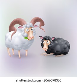Cute and Funny Two Black and White Sheep Characters. Cartoon Illustration of Pair Sheep. Perfect Template for Funny Animals Kids Book