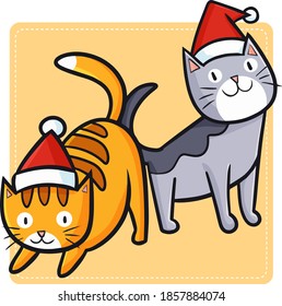 Cute and funny two cats wearing Santa's hat for Christmas